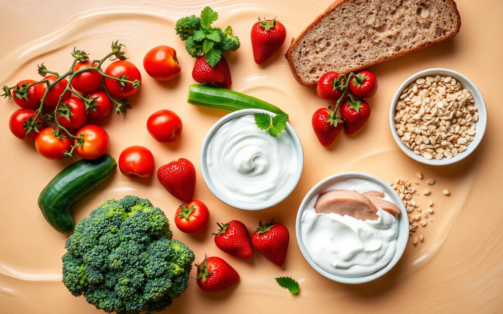 Fresh ingredients used in Yuminas lunches: tomatoes, strawberries, cucumber, broccoli, bread, chicken, yogurt and oats