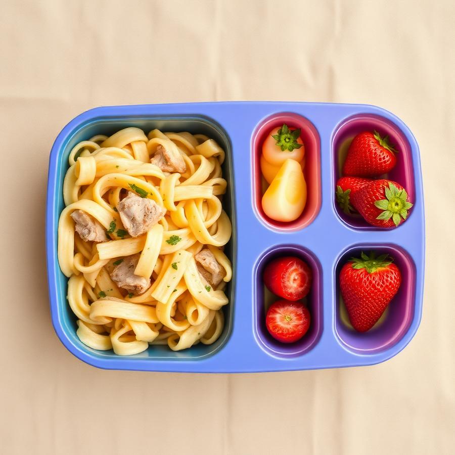 Monday sample Yuminas lunch: Chicken Pasta, Cherry Tomatoes, Strawberries