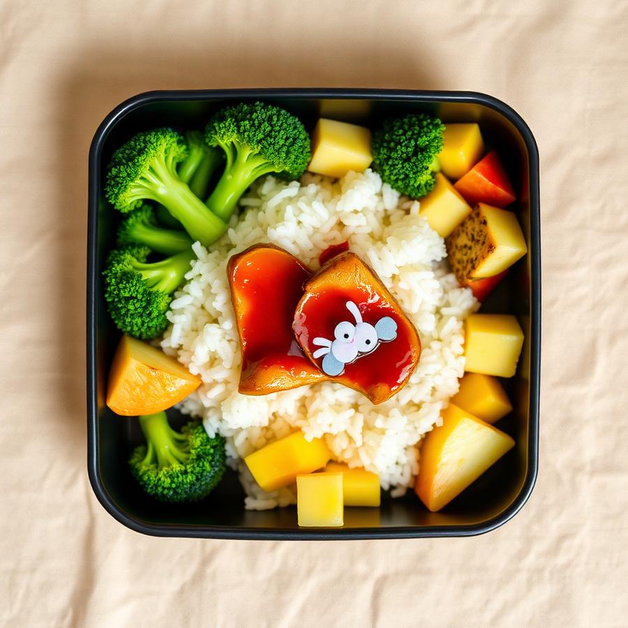 Wednesday sample Yuminas lunch: Teriyaki Chicken Rice, Broccoli, Fresh Fruit